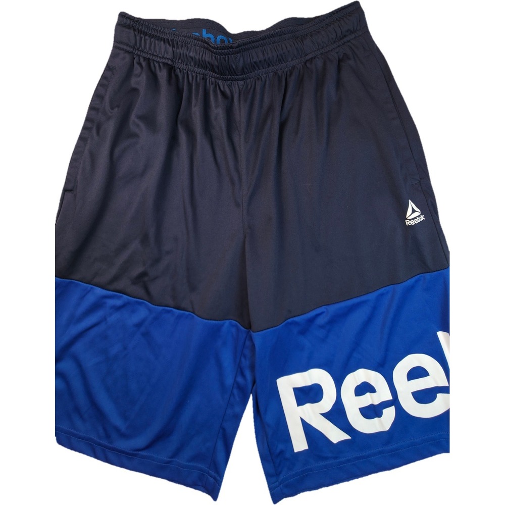 Reebok Athletic Shorts Mens Small Blue Graphic Logo Excellent